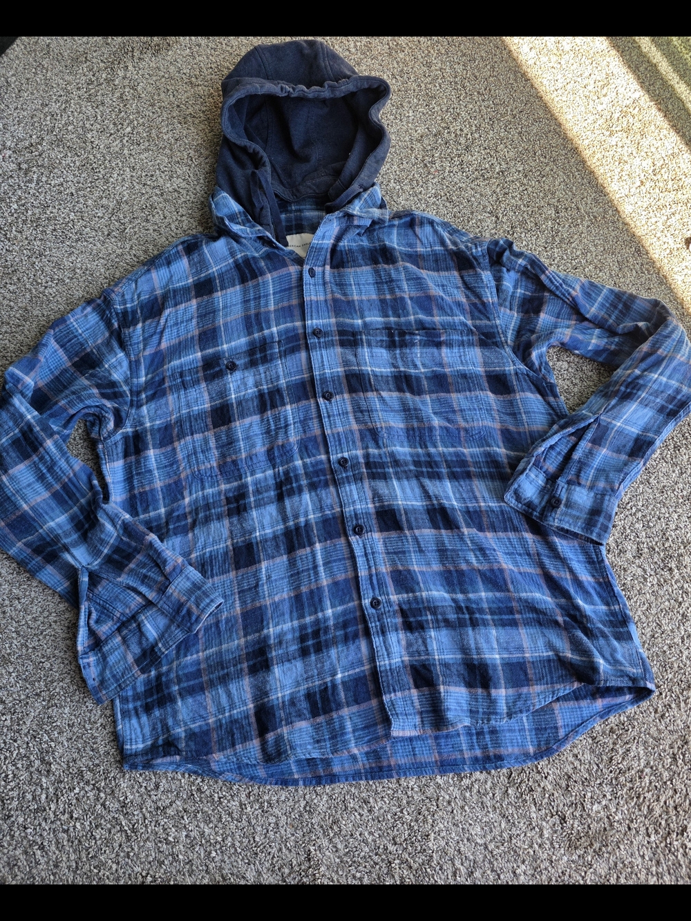 American Eagle Outfitters Blue Plaid Removable Hooded Button-Down Shirt